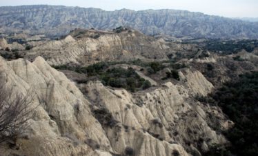 Extensive eroded sandstone formations with juniper and yew forests in Vashlovani National Park, Georgia – aerial perspective