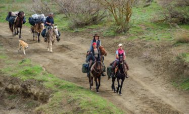 Riding group with guide and pack horses crossing a narrow earth ravine in Vashlovani National Park, Georgia