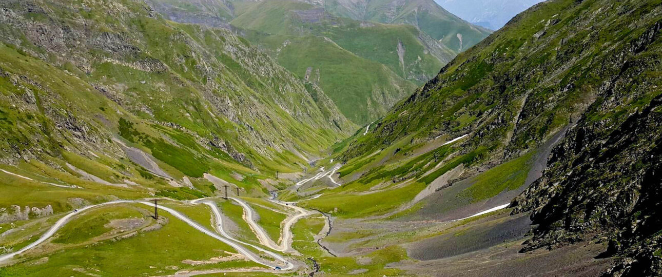 Serpentine dirt road of Abano Pass leading into the Tusheti mountains, Georgia. Photo: Heiner Buhr